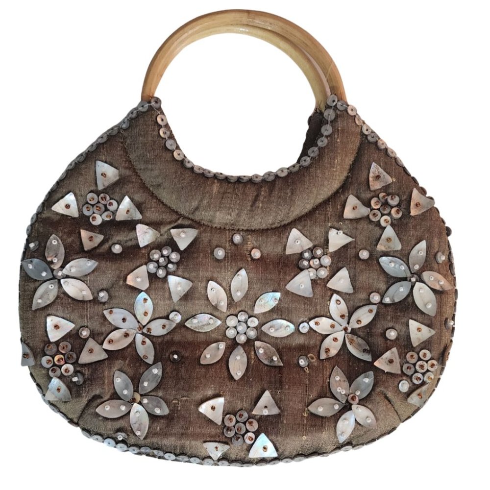 Coldwater Creek Clutch Bamboo Handles Mother of Pearl Beaded Accents